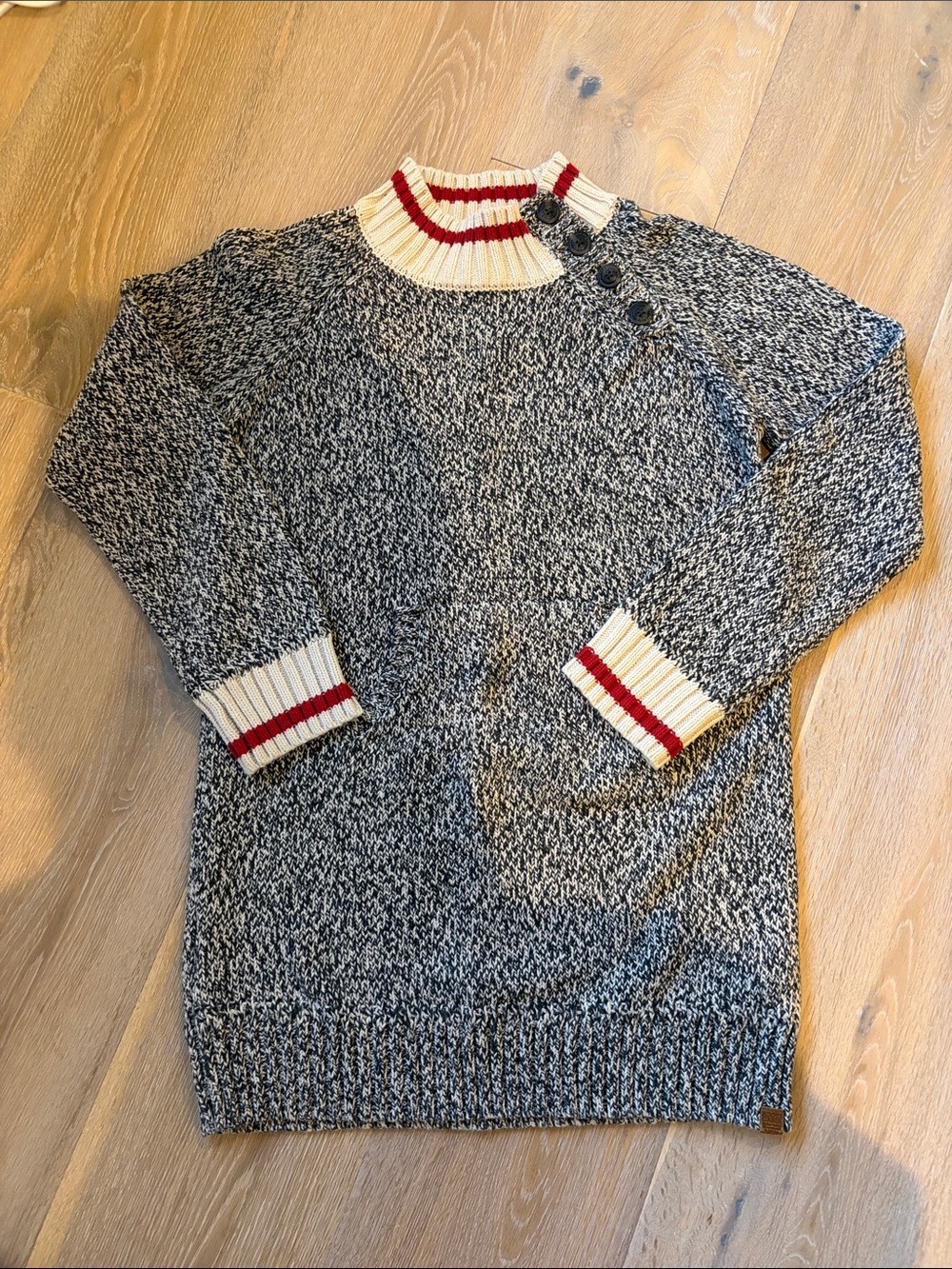 Roots Grey Marled Sweater with Cream & Red Trim